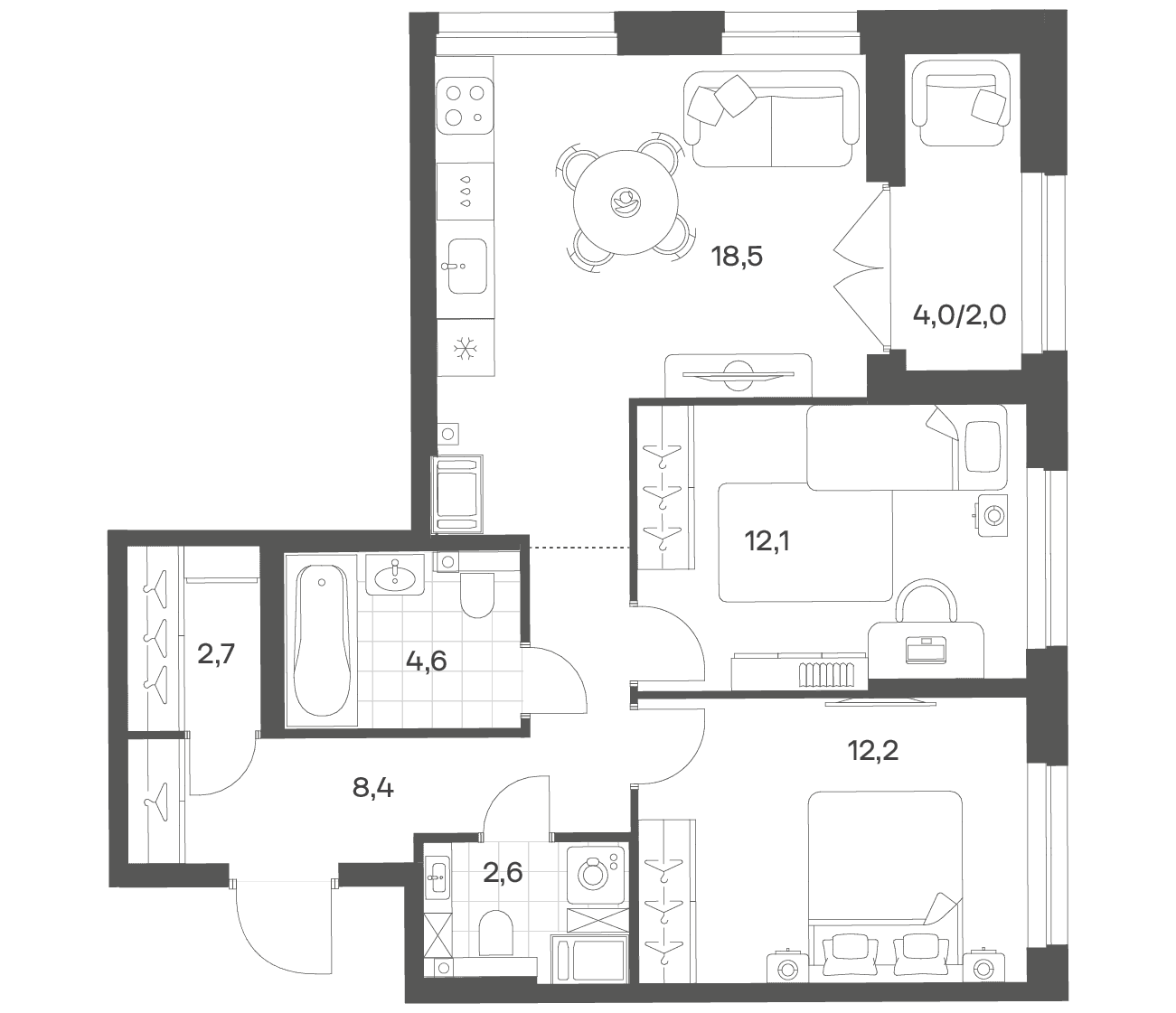Планировка: Евротрёшка 61,1 м² в ЖК «Речной Квартал»