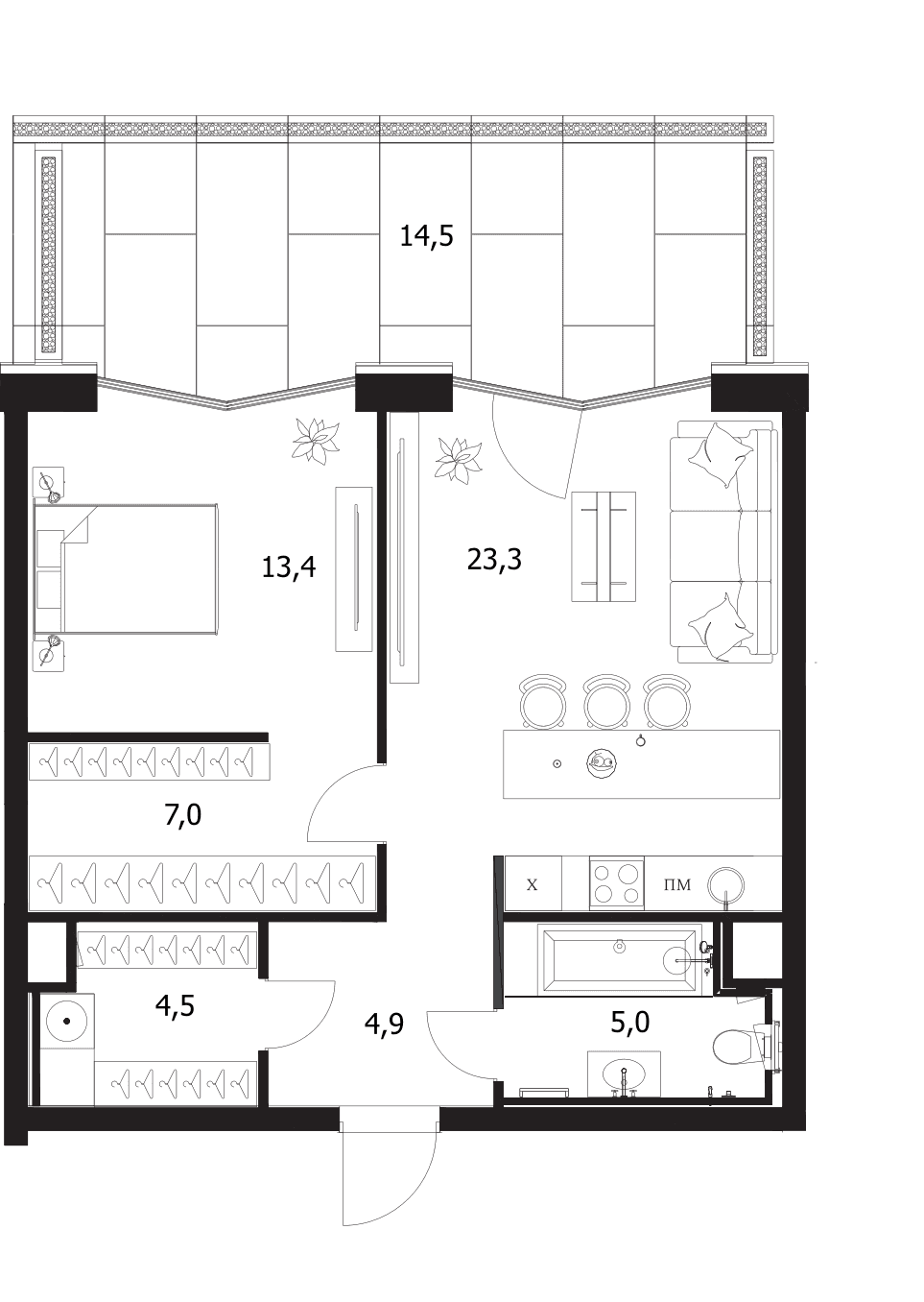 Планировка: Евродвушка 58,1 м² в ЖК «A. Residence»