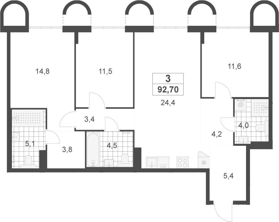 Планировка: Квартира евро-4 92,7 м² в ЖК «Деснаречье»