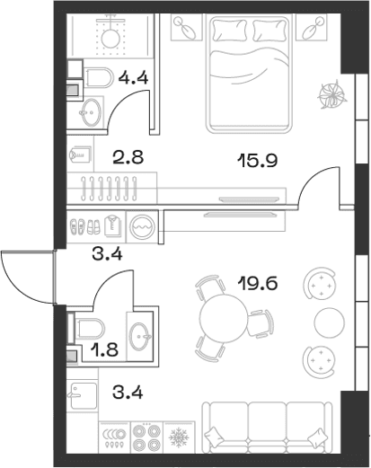 Планировка: Евродвушка 51,8 м² в ЖК «SHIFT»