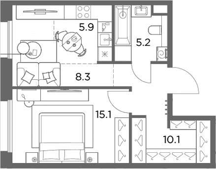 Планировка: Евродвушка 44,6 м² в ЖК «Станиславский»