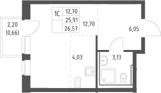 Планировка: Студия 25,9 м² в ЖК «Подольские кварталы»
