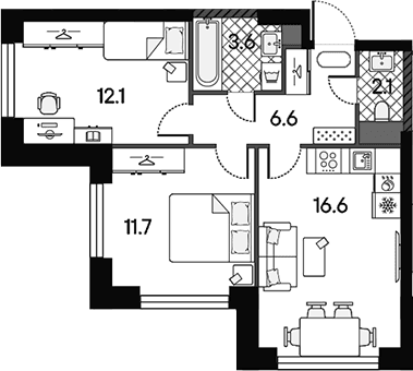Планировка: Евротрёшка 52,7 м² в ЖК «МАРК»