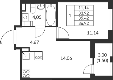 Планировка: 1-комнатная квартира 33,9 м² в ЖК «Амурино»