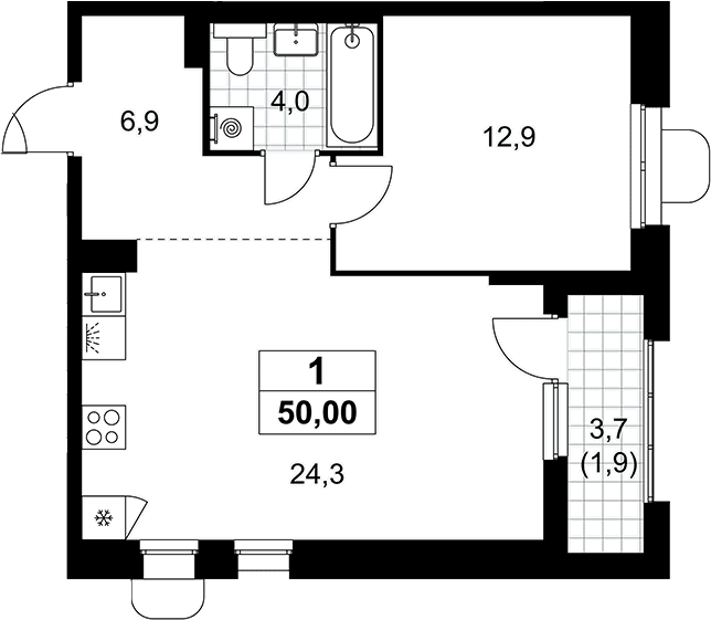 Планировка: Евродвушка 48,1 м² в ЖК «Прокшино»