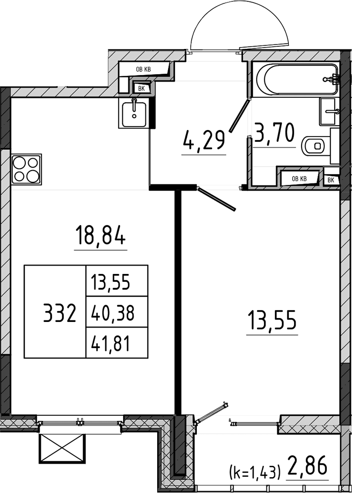 Планировка: Евродвушка 40,4 м² в ЖК «Поварово-Молодежный-2»