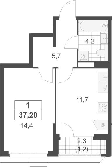 Планировка: 1-комнатная квартира 36 м² в ЖК «Скандинавия»