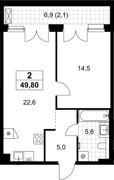 Планировка: Евродвушка 47,7 м² в ЖК «Хольм»
