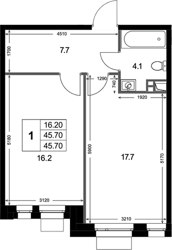 Планировка: 1-комнатная квартира 45,7 м² в ЖК «Кореневский Форт 2.3»