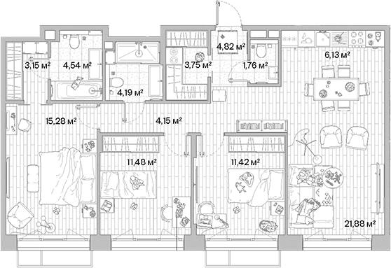 Планировка: Квартира евро-4 92,6 м² в ЖК «МЫС»