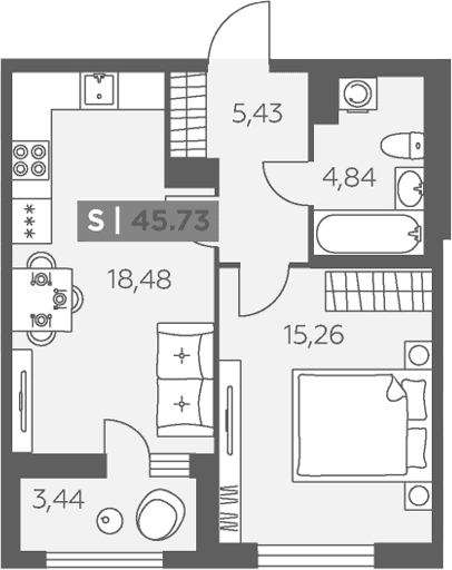Планировка: Евродвушка 44 м² в ЖК «Аквилон Солар»