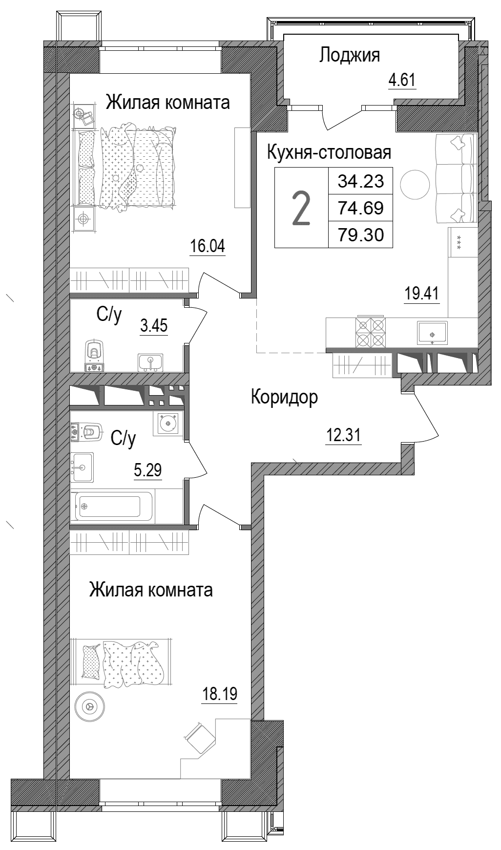 Планировка: 2-комнатная квартира 73,5 м² в ЖК «АРТ»