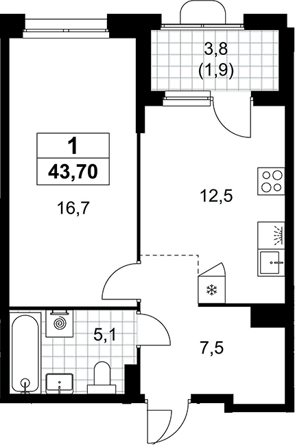Планировка: 1-комнатная квартира 41,8 м² в ЖК «Прокшино»