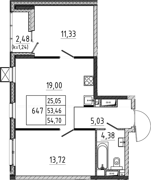 Планировка: Евротрёшка 53,5 м² в ЖК «Поварово-Молодежный-2»