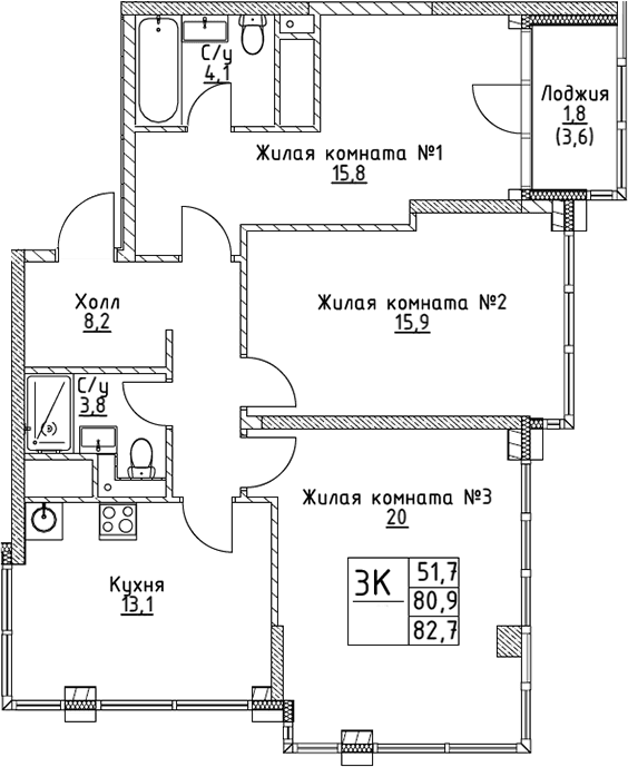 3-комнатная квартира