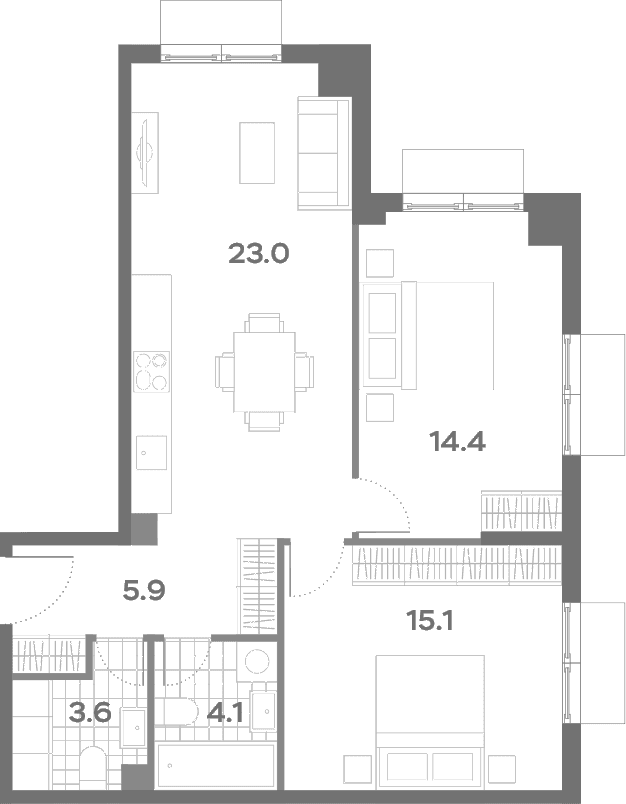 Планировка: Евротрёшка 66,1 м² в ЖК «ПаркСайд»