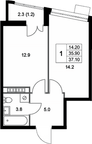 Планировка: 1-комнатная квартира 35,9 м² в ЖК «Легенда Коренево»