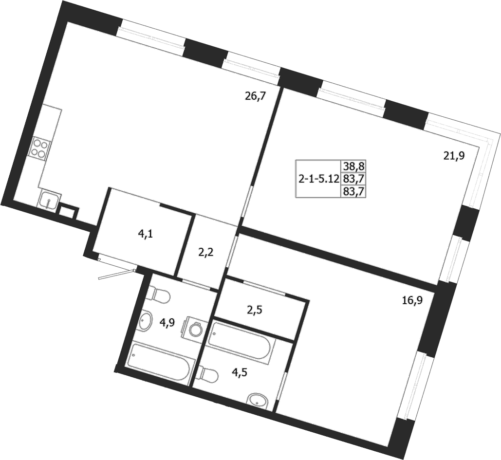 Планировка: 2-комнатная квартира 83,7 м² в ЖК «ЛДМ»