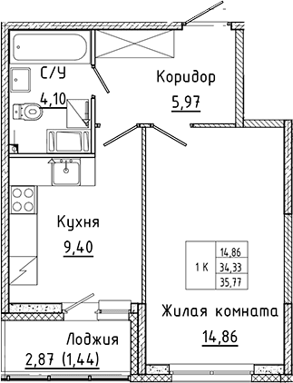 Планировка: 1-комнатная квартира 34,3 м² в ЖК «Аквилон Янино»