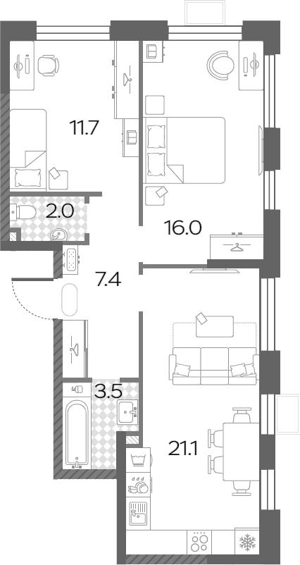 Планировка: Евротрёшка 63,1 м² в ЖК «Лучи»