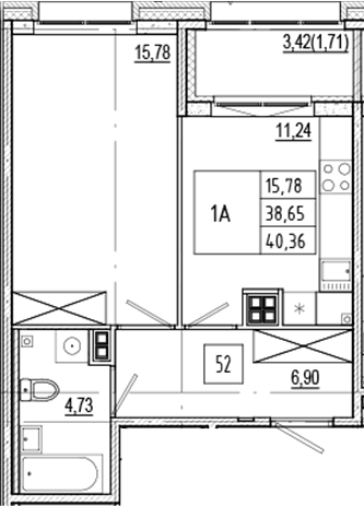 Планировка: 1-комнатная квартира 38,7 м² в ЖК «Ranta Residence»