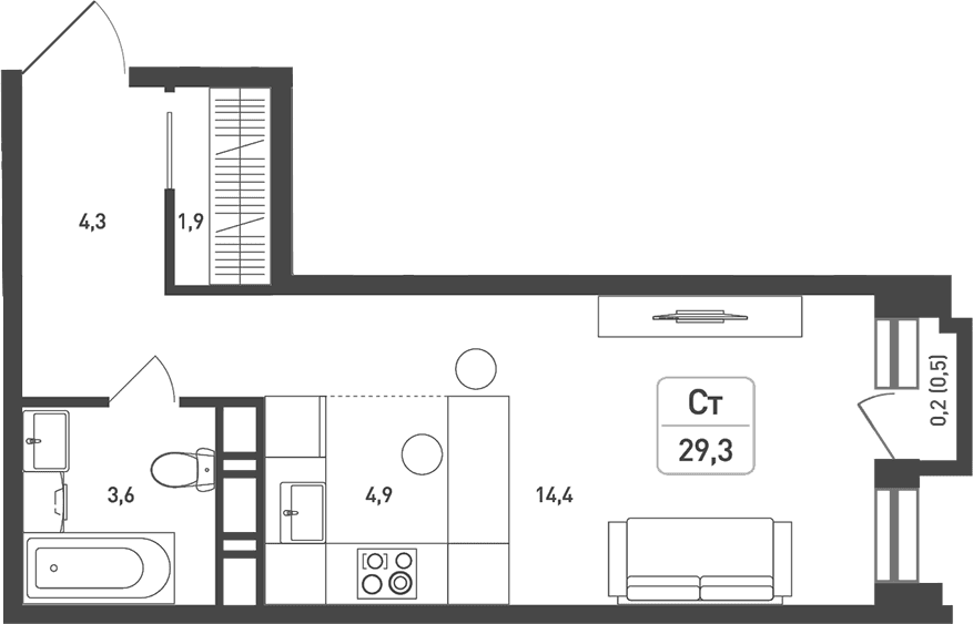 Планировка: Студия 30,2 м² в ЖК «Новая Щербинка»
