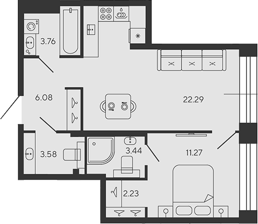 Планировка: Евродвушка 52,7 м² в ЖК «BASHNI ELEMENT»