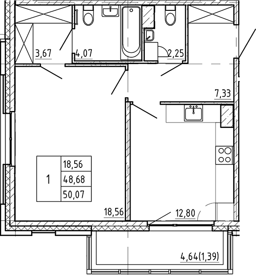 Планировка: 1-комнатная квартира 48,7 м² в ЖК «Регенбоген»