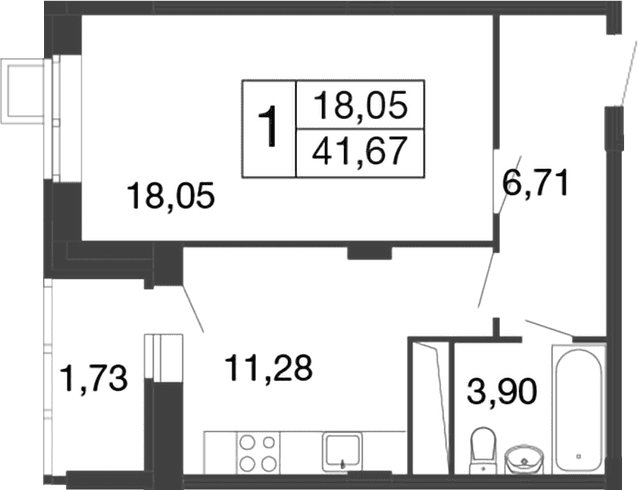Планировка: 1-комнатная квартира 39,9 м² в ЖК «Времена года»
