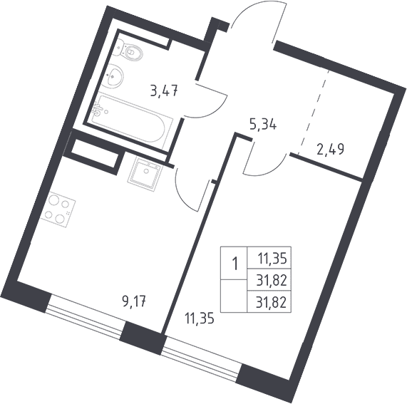 Планировка: 1-комнатная квартира 31,8 м² в ЖК «Квартал Лаголово»