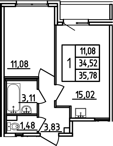 Планировка: Евродвушка 34,5 м² в ЖК «Аэросити»