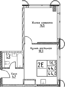 Планировка: Евродвушка 44 м² в ЖК «Наметкин Тауэр»