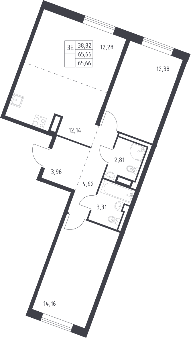 Планировка: Евротрёшка 65,7 м² в ЖК «Квартал Лаголово»