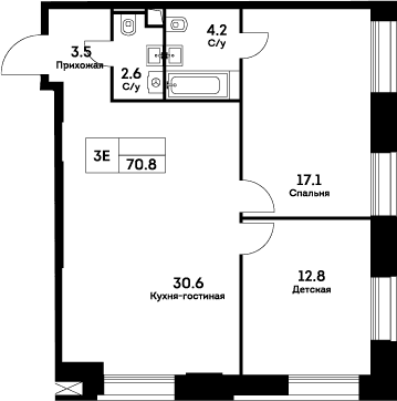 Планировка: Евротрёшка 70,8 м² в ЖК «ЭВЕР»