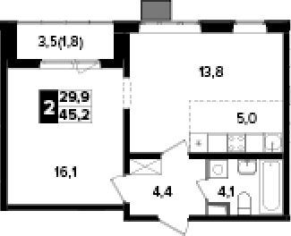 Планировка: Евродвушка 43,4 м² в ЖК «Южная Битца»
