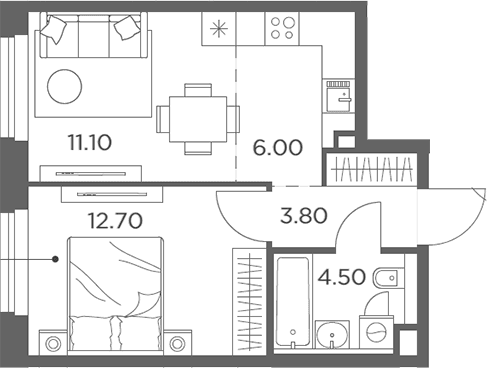 Планировка: Евродвушка 38,1 м² в ЖК «Белый Град»