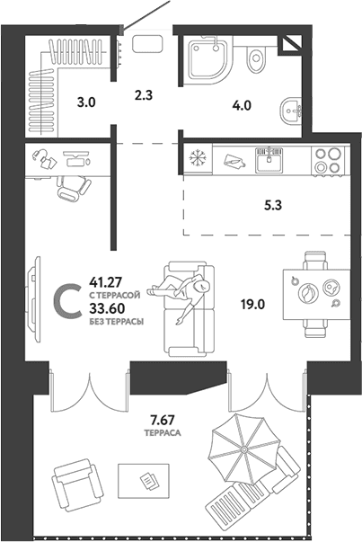 Планировка: Студия 33,6 м² в ЖК «Страна.Озерная»