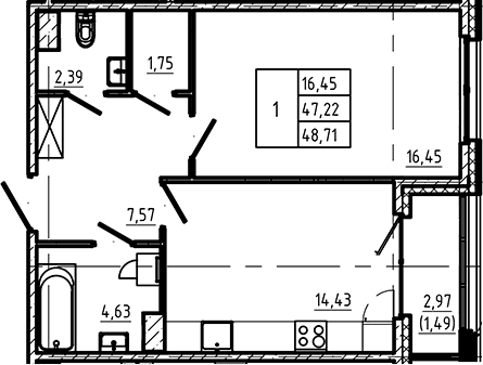 Планировка: 1-комнатная квартира 47,2 м² в ЖК «Регенбоген»