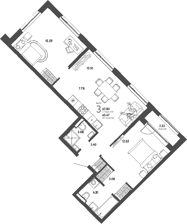Планировка: Евротрёшка 65,5 м² в ЖК «Страна.Парковая»