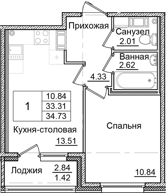 Планировка: 1-комнатная квартира 33,3 м² в ЖК «Квартал Заречье»