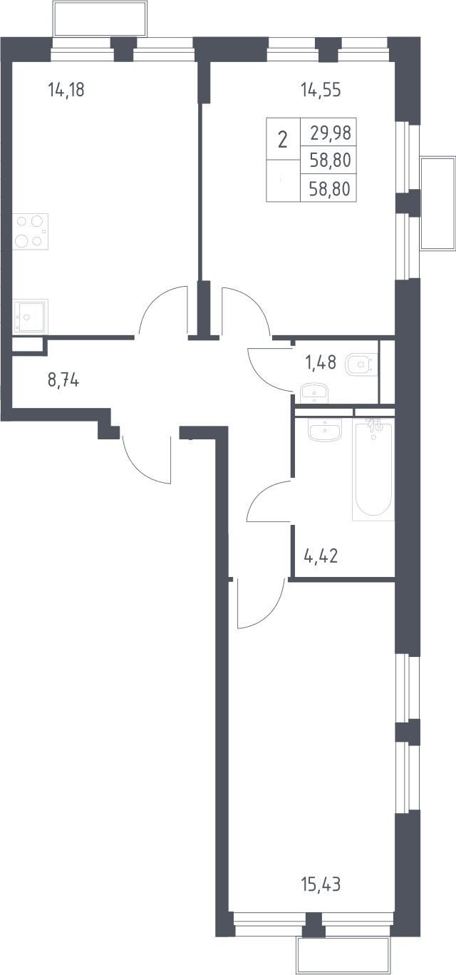Планировка: 2-комнатная квартира 58,8 м² в ЖК «Квартал Строгино»