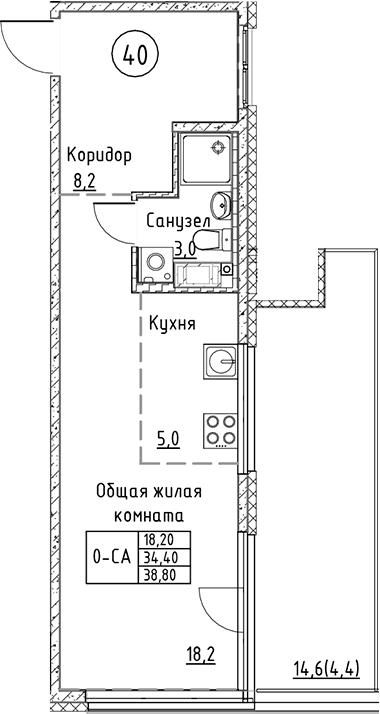 Планировка: Студия 34,4 м² в ЖК «Кронунг Юг»