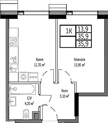 Планировка: 1-комнатная квартира 35,9 м² в ЖК «Мираполис»