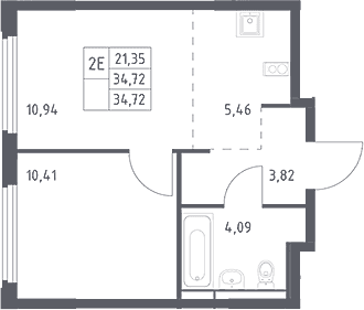 Планировка: Евродвушка 34,7 м² в ЖК «Космический Квартал»