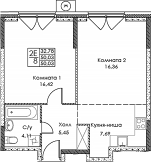 Планировка: Евродвушка 50 м² в ЖК «ЭВОПАРК Сокольники»