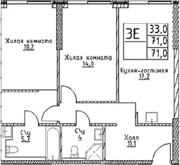 Планировка: Евротрёшка 71 м² в ЖК «Наметкин Тауэр»