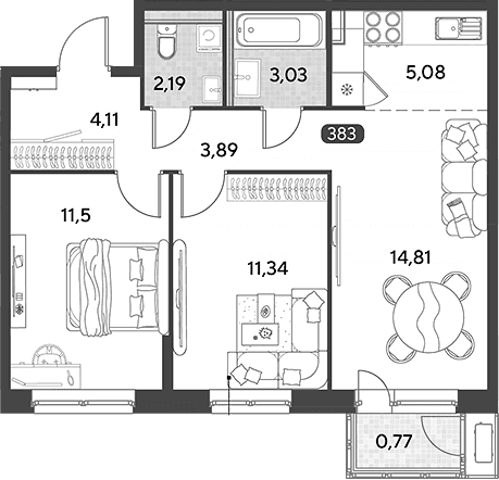 Планировка: Евротрёшка 56 м² в ЖК «Космопарк»