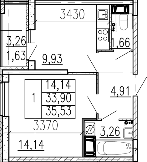 Планировка: 1-комнатная квартира 33,9 м² в ЖК «Высота. Бугры»