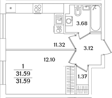 Планировка: 1-комнатная квартира 31,6 м² в ЖК «Кинопарк»