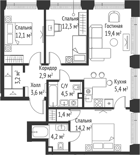 Планировка: Квартира евро-4 83,1 м² в ЖК «СЕТ»